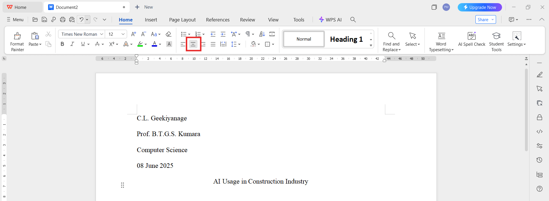 MLA Heading essay title using WPS Office