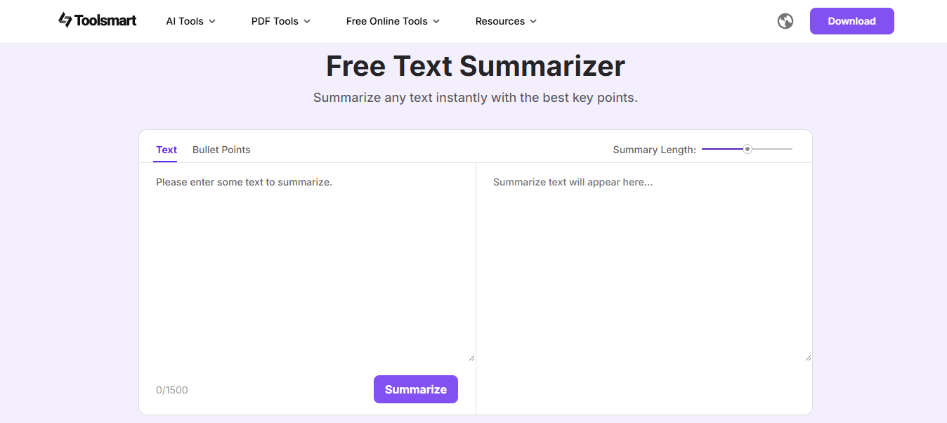 Toolsmart AI Summarizer Interface