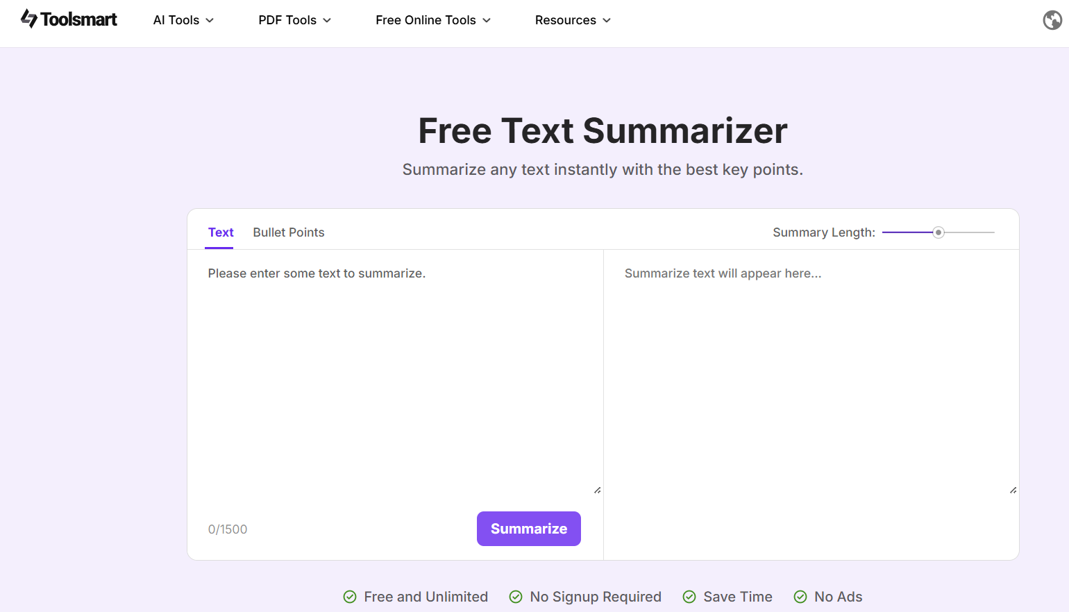 Toolsmart's Free Text Summarizer