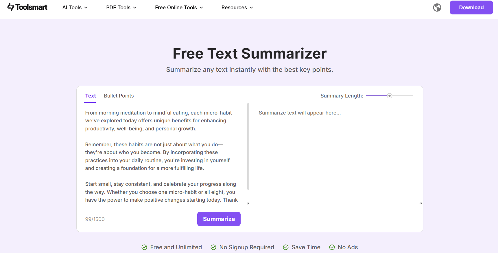 Input text to Toolsmart's Free Text Summarizer