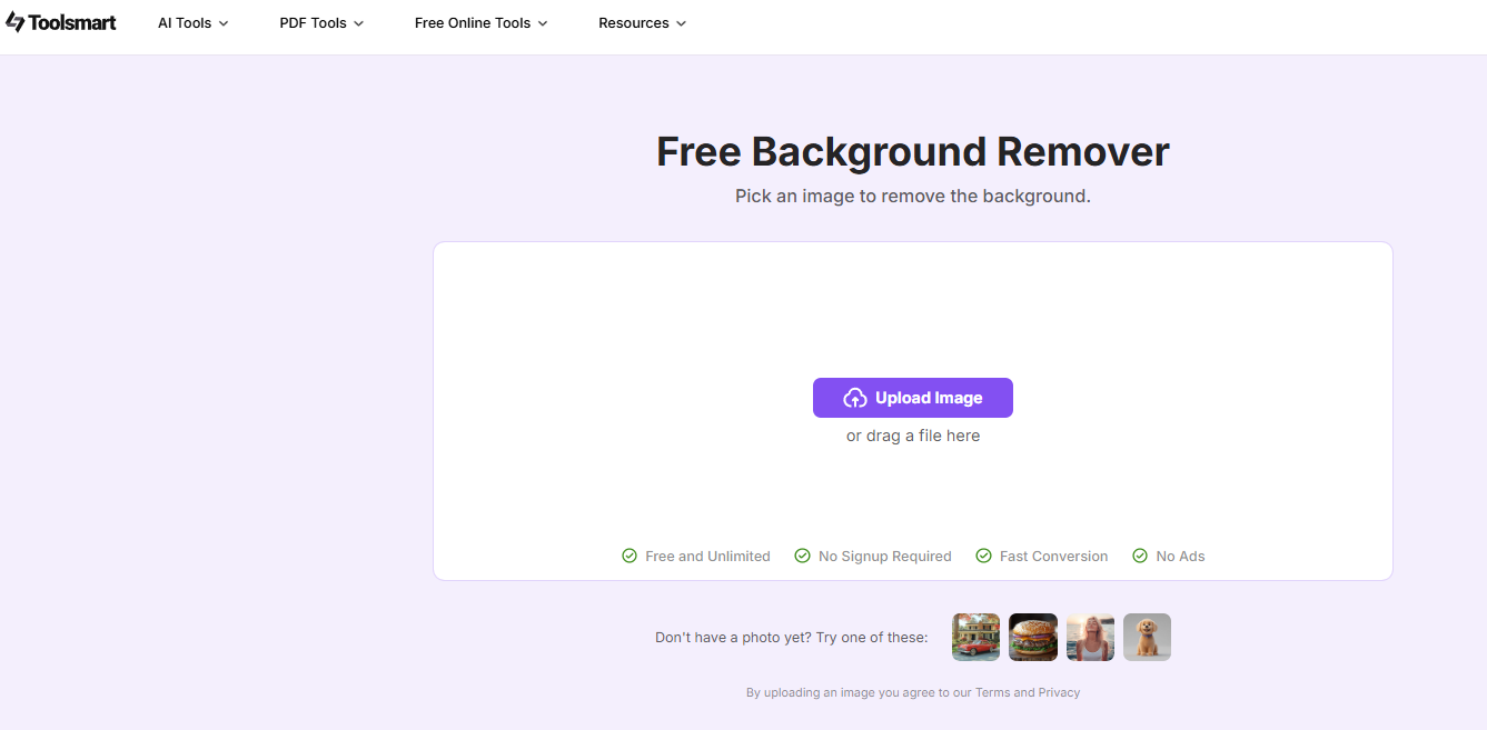 Toolsmart’s AI Background Remover website