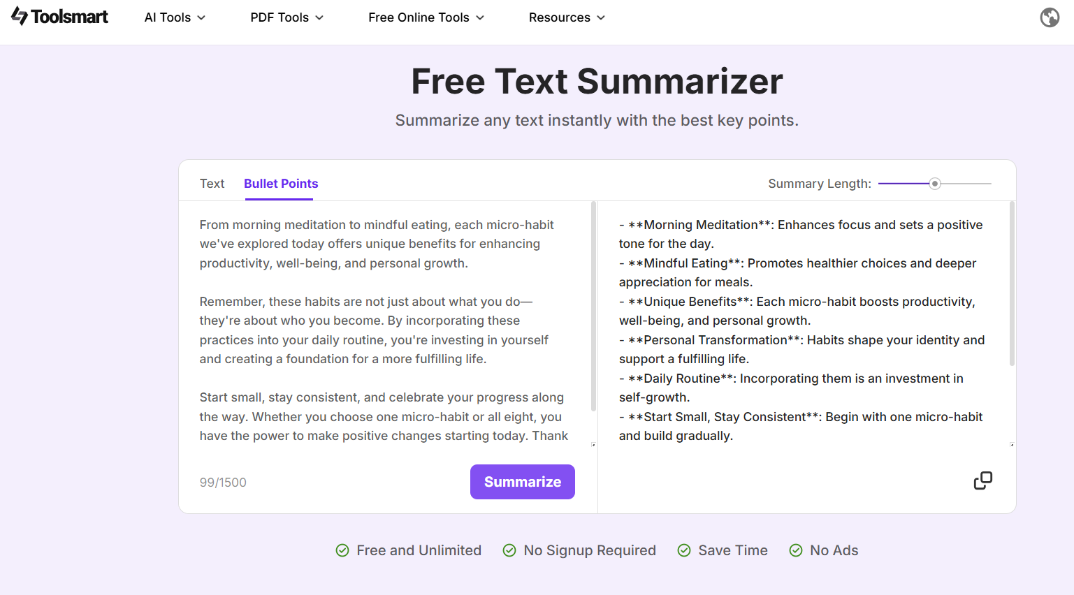 Toolsmart's Free Text Summarizer output