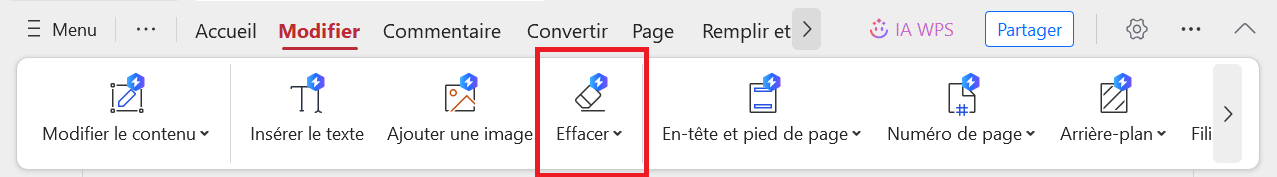 Outil Effacer de WPS PDF