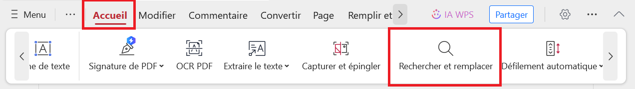  Bouton Trouver et Remplacer de WPS PDF