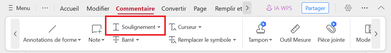 Outil de soulignage dans WPS PDF