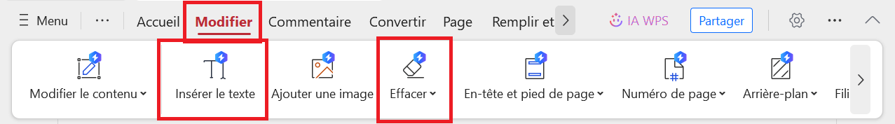 Options Ajouter du texte et Effacer avec WPS PDF