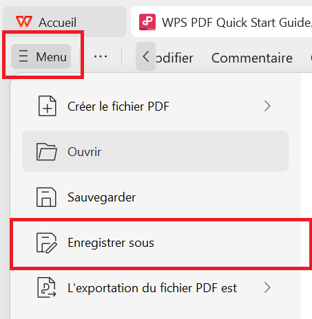 Option Enregistrer sous de WPS PDF