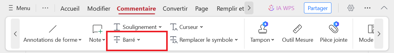 Barrer dans WPS PDF