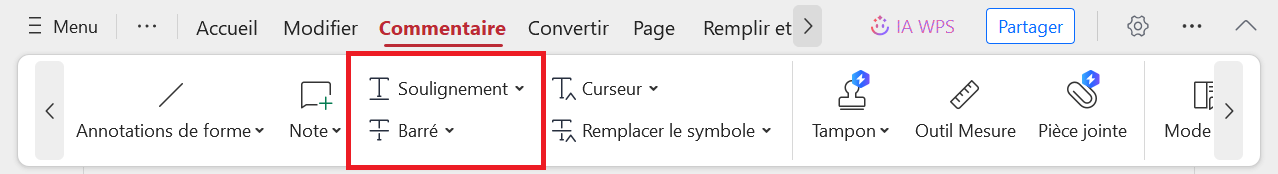 Souligner et Barrer dans WPS PDF