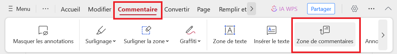  Bouton de commentaire de texte WPS PDF