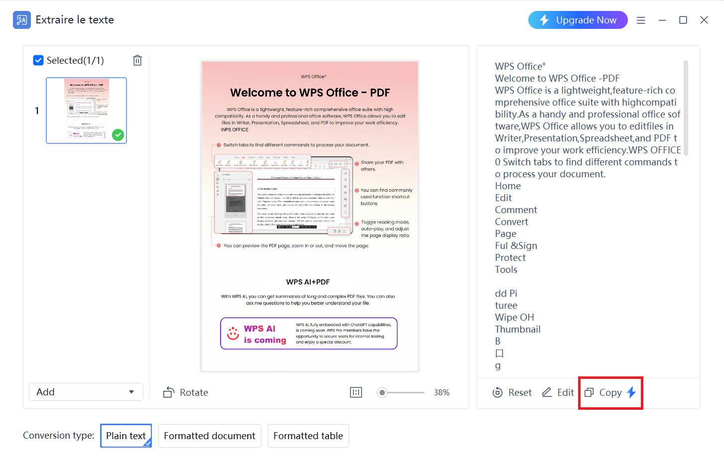 Copier le texte extrait dans WPS PDF