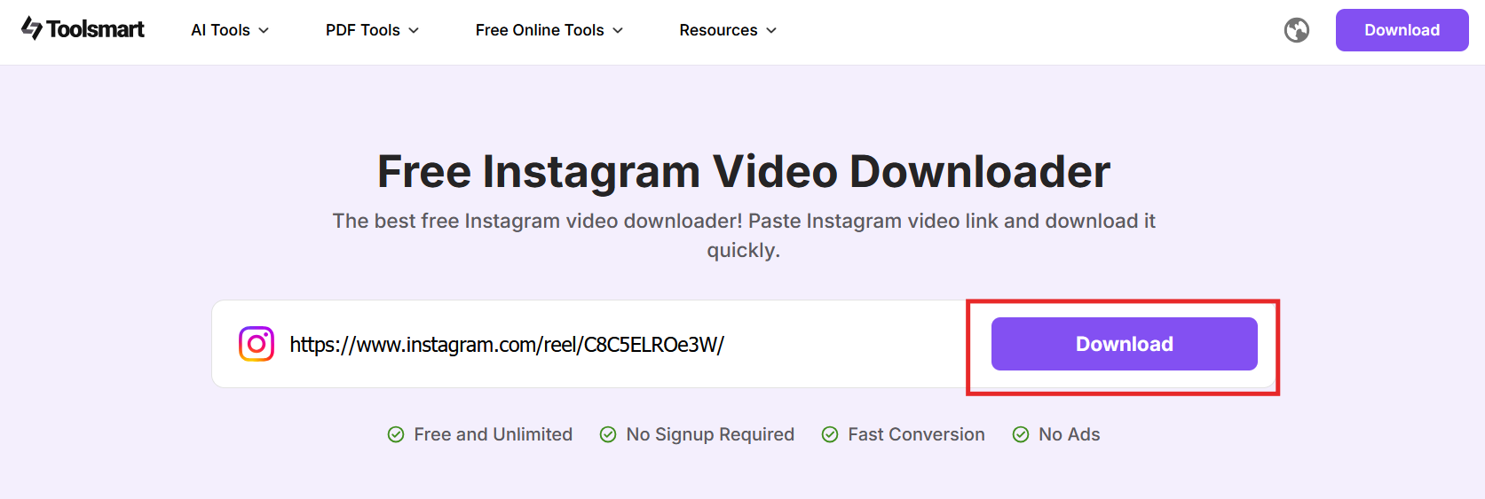 Download in Toolsmart's Instagram Video Downloader