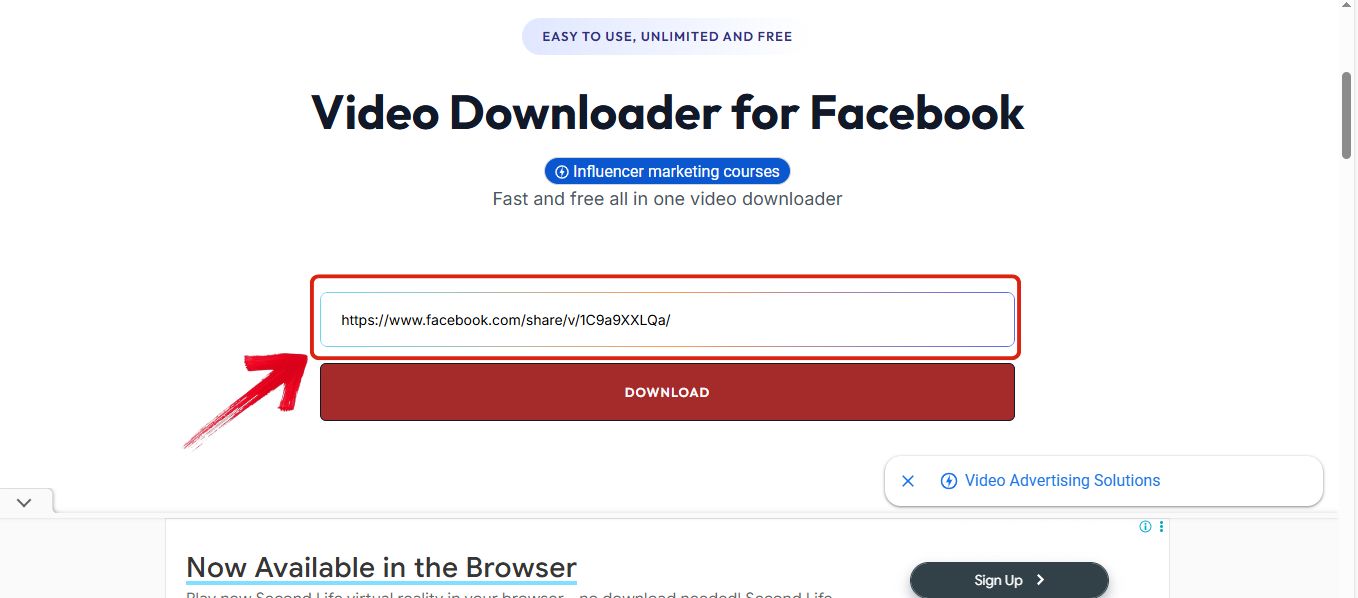 Getfvid homepage showing link input bar