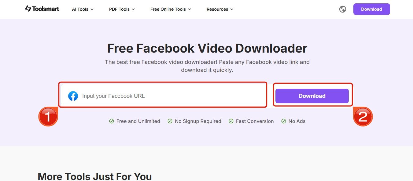 Input URL on Toolsmart Facebook Video Downloader