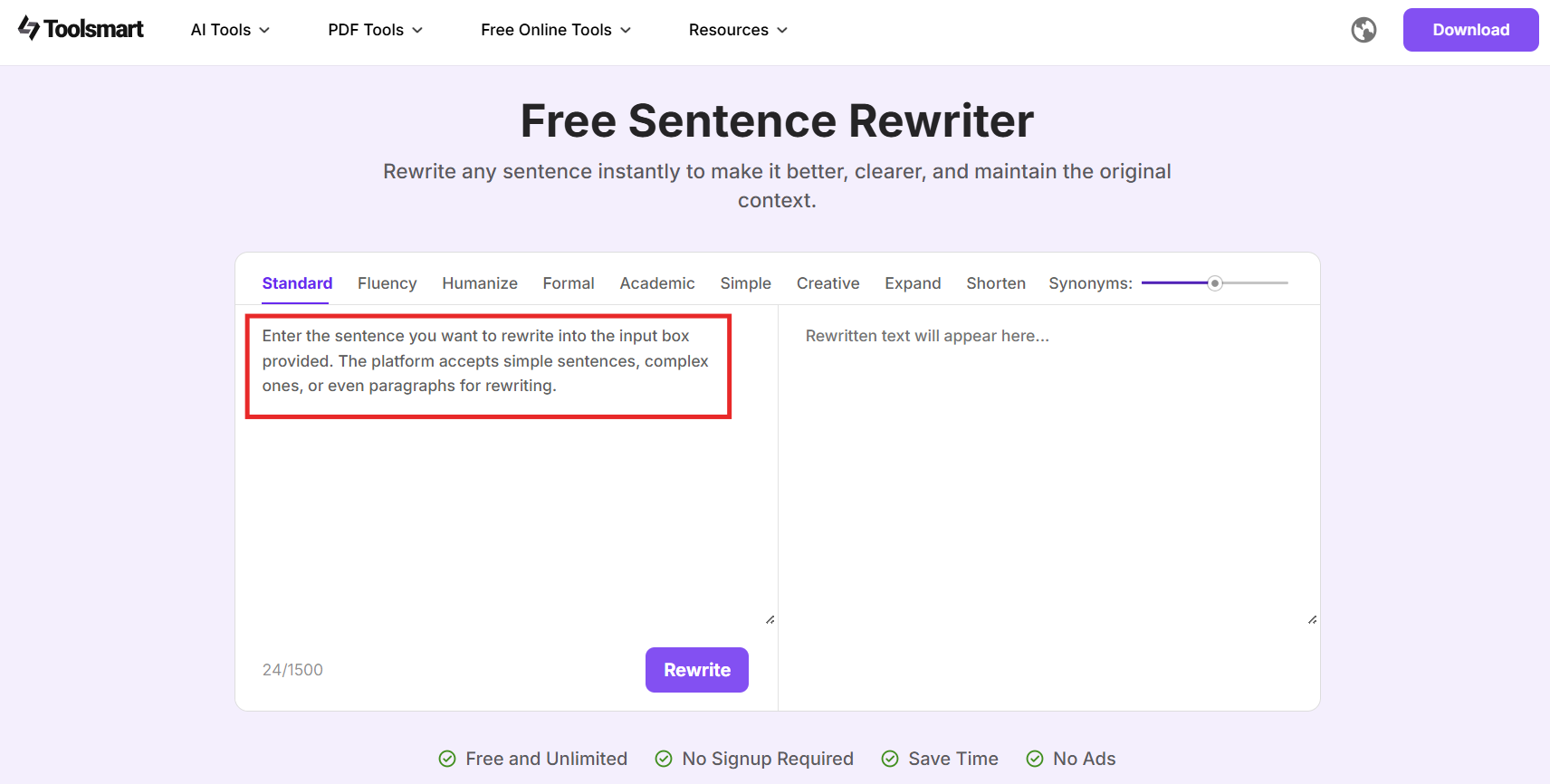  Input box on Toolsmart Free Sentence Rewriter tool