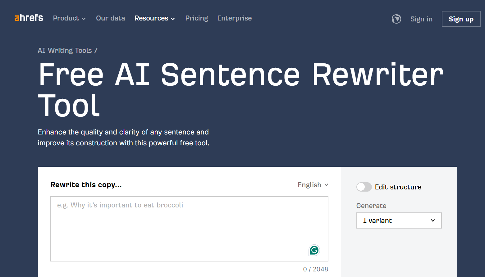Ahrefs writing tools homepage highlighting sentence rewriter option.