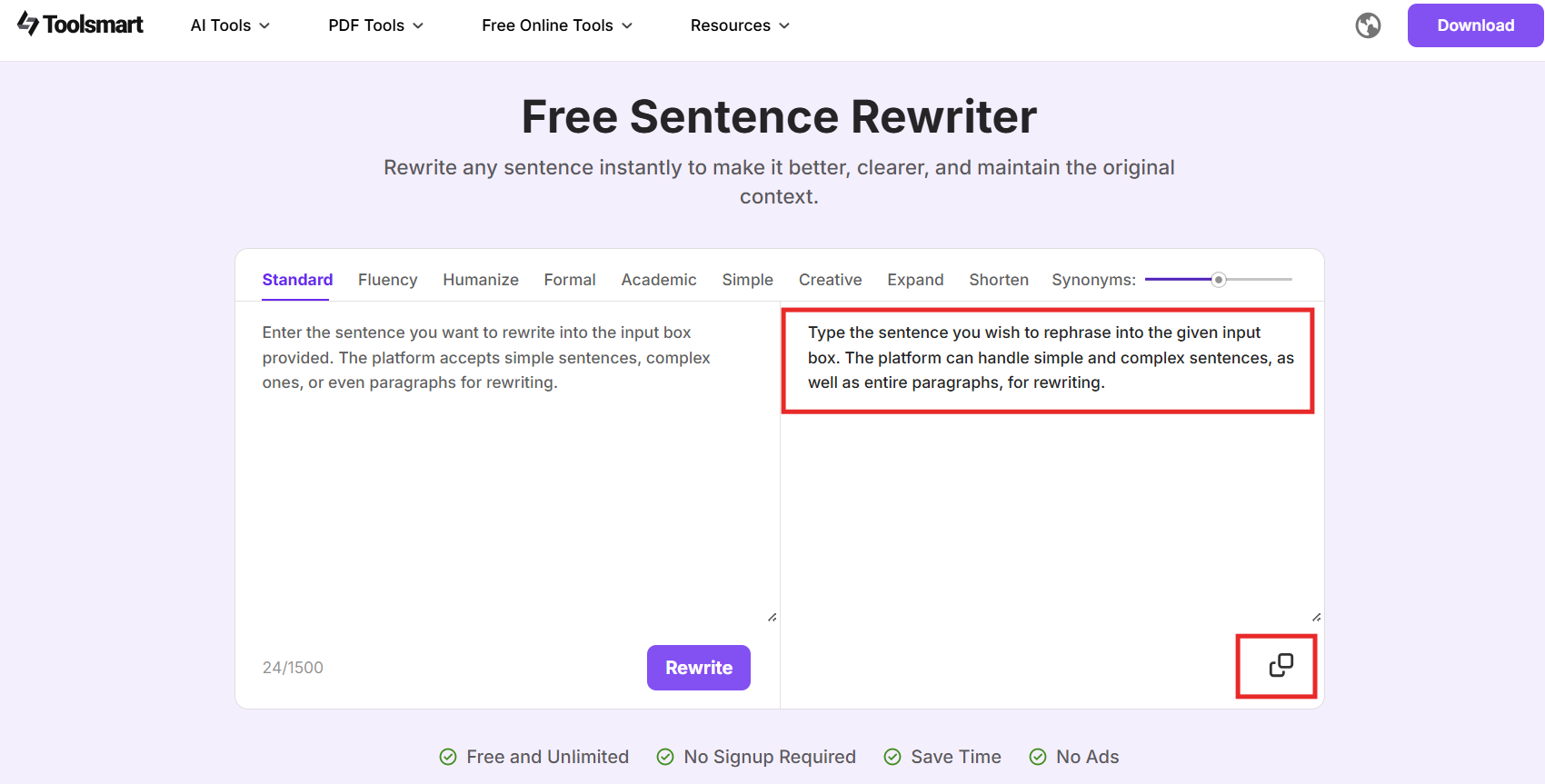 Rewritten sentence output on Toolsmart Free Sentence Rewriter.