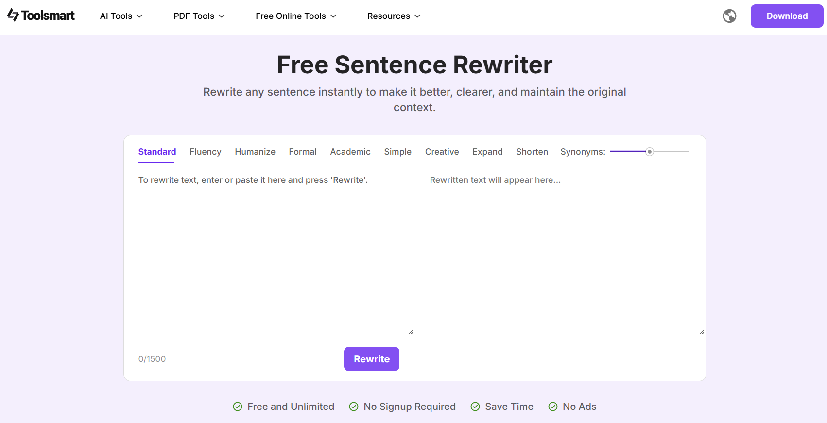 Toolsmart Free Sentence Rewriter homepage interface.