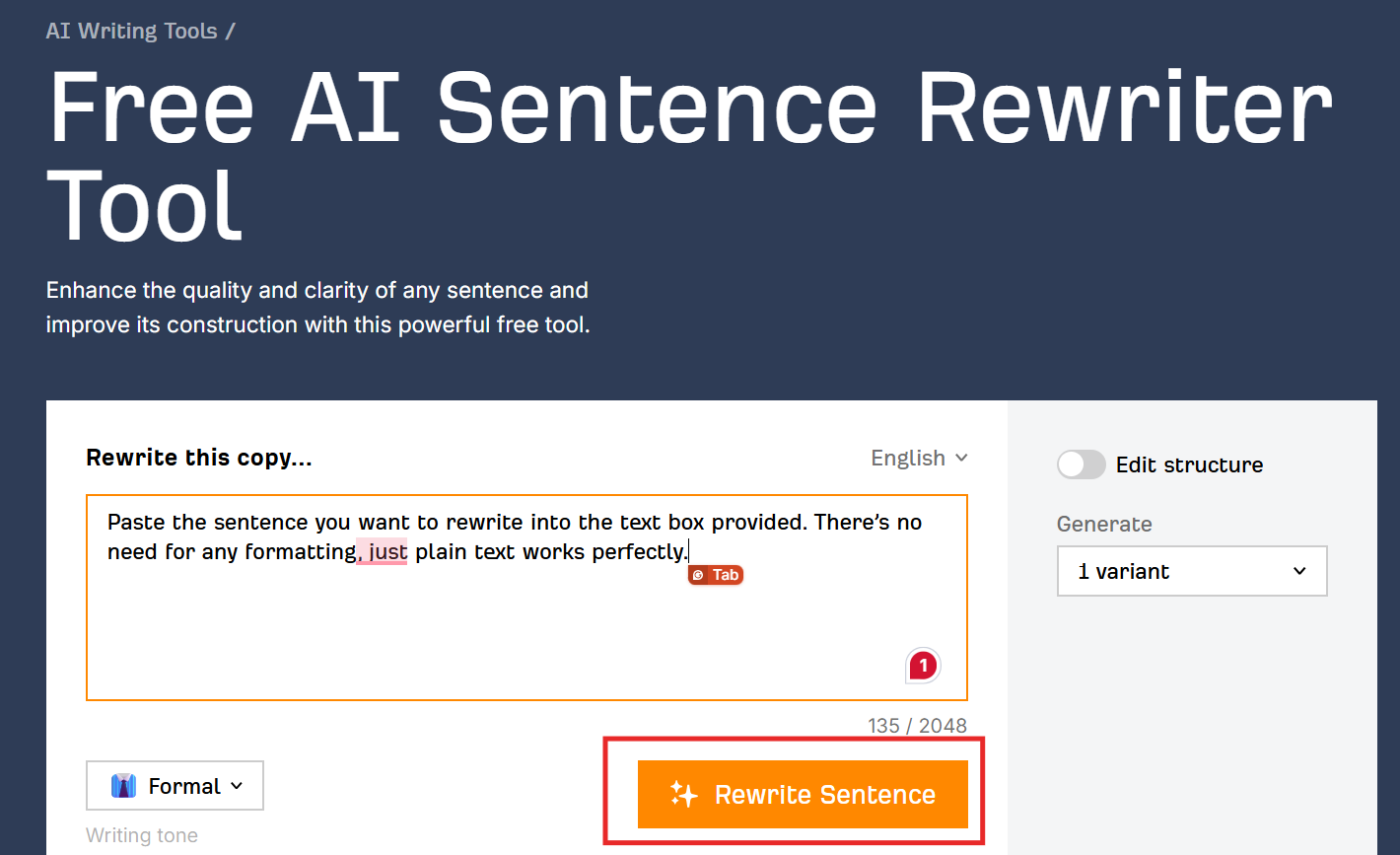Rewrite button highlighted on Ahrefs Sentence Rewriter tool interface.