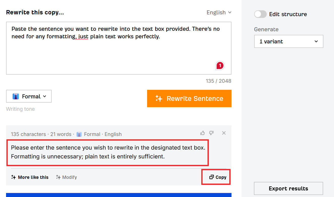 Rewritten sentence result displayed on Ahrefs Sentence Rewriter tool.