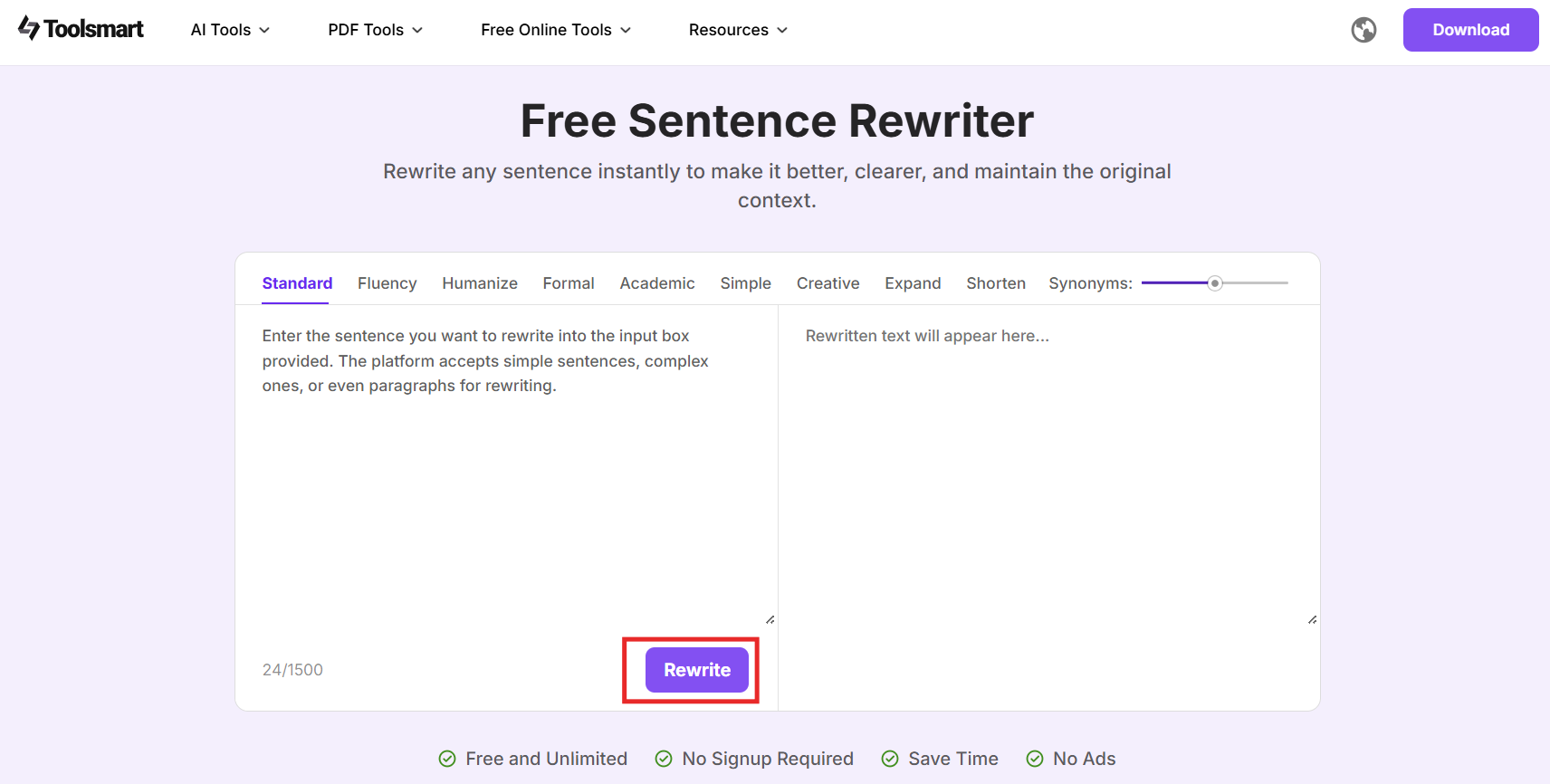Rewrite button highlighted on Toolsmart Free Sentence Rewriter.