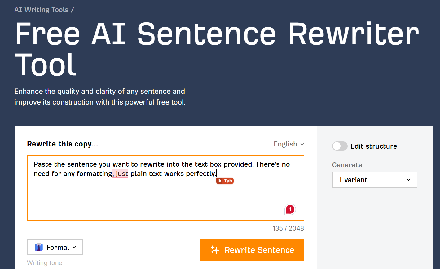  Input box for pasting sentences on Ahrefs Sentence Rewriter tool.