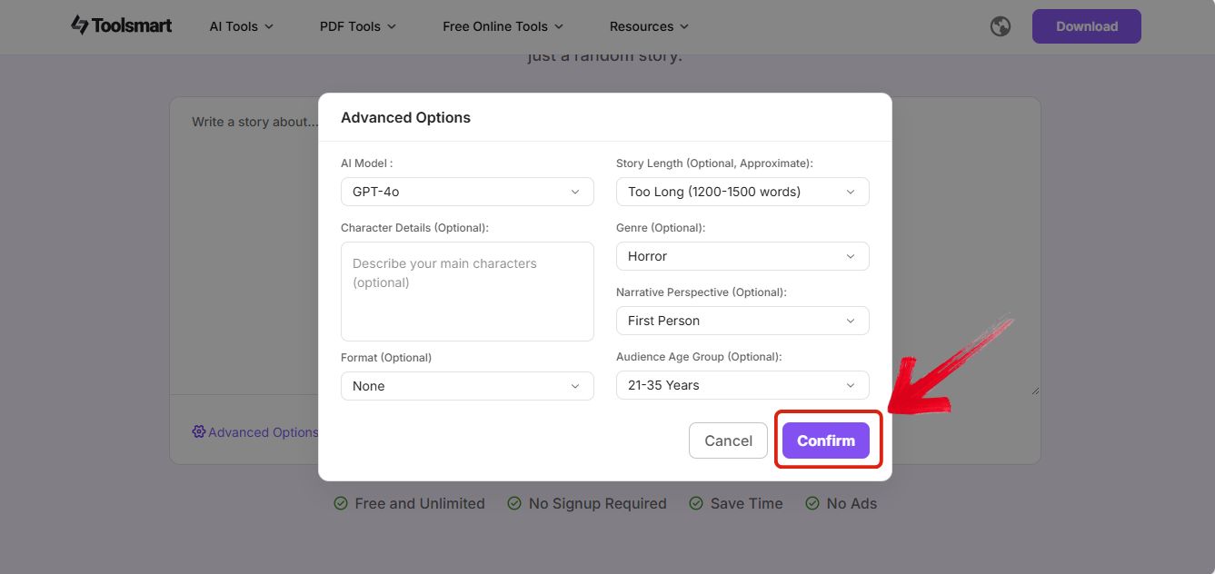 Confirm button on Toolsmart settings panel