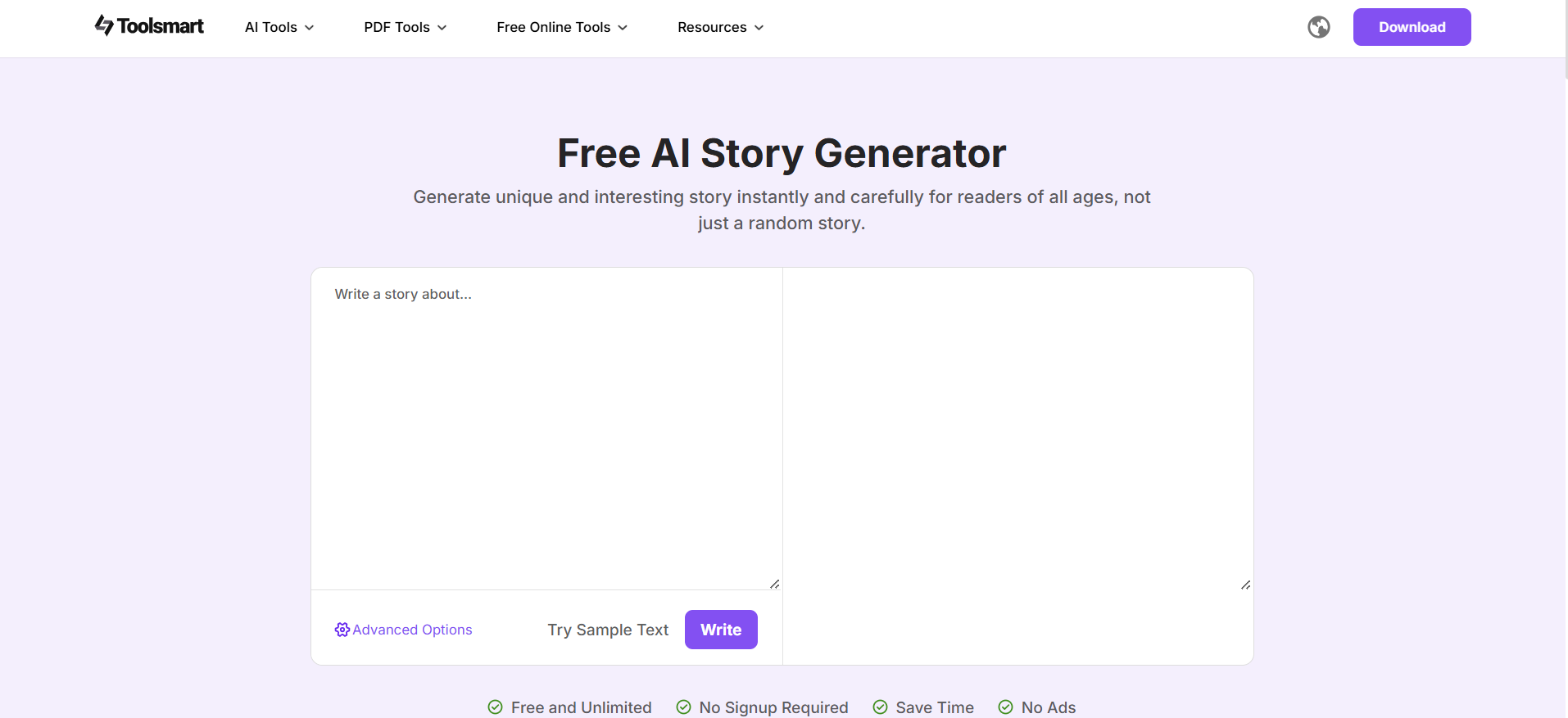 Toolsmart AI Story Generator interface
