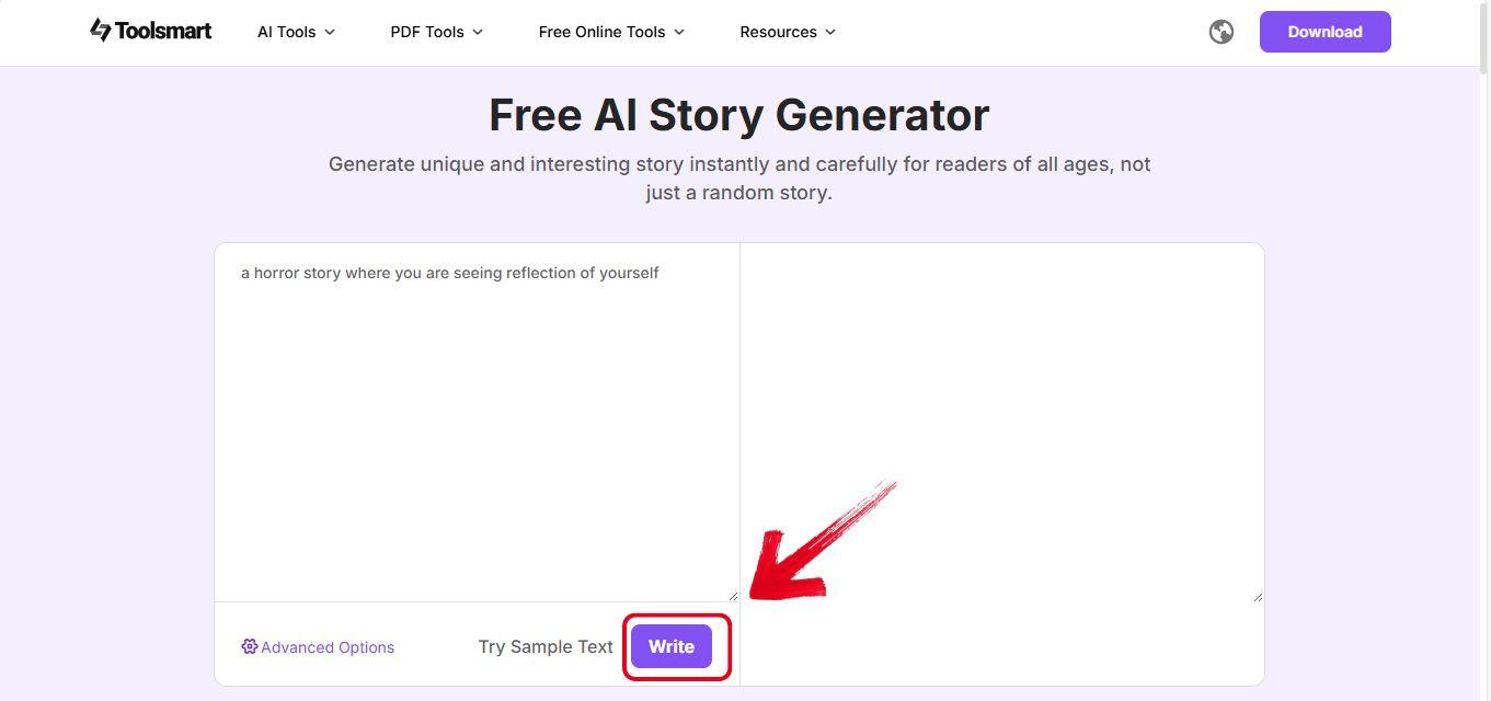 Write button to generate story