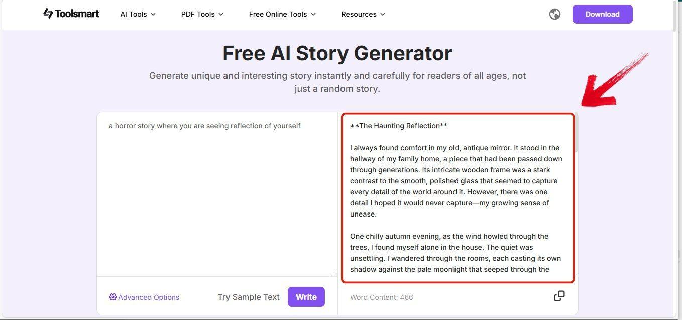 Generated story shown below