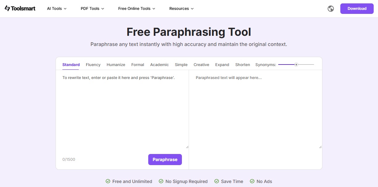 Go to Toolsmart Free Paraphrasing Tool Website