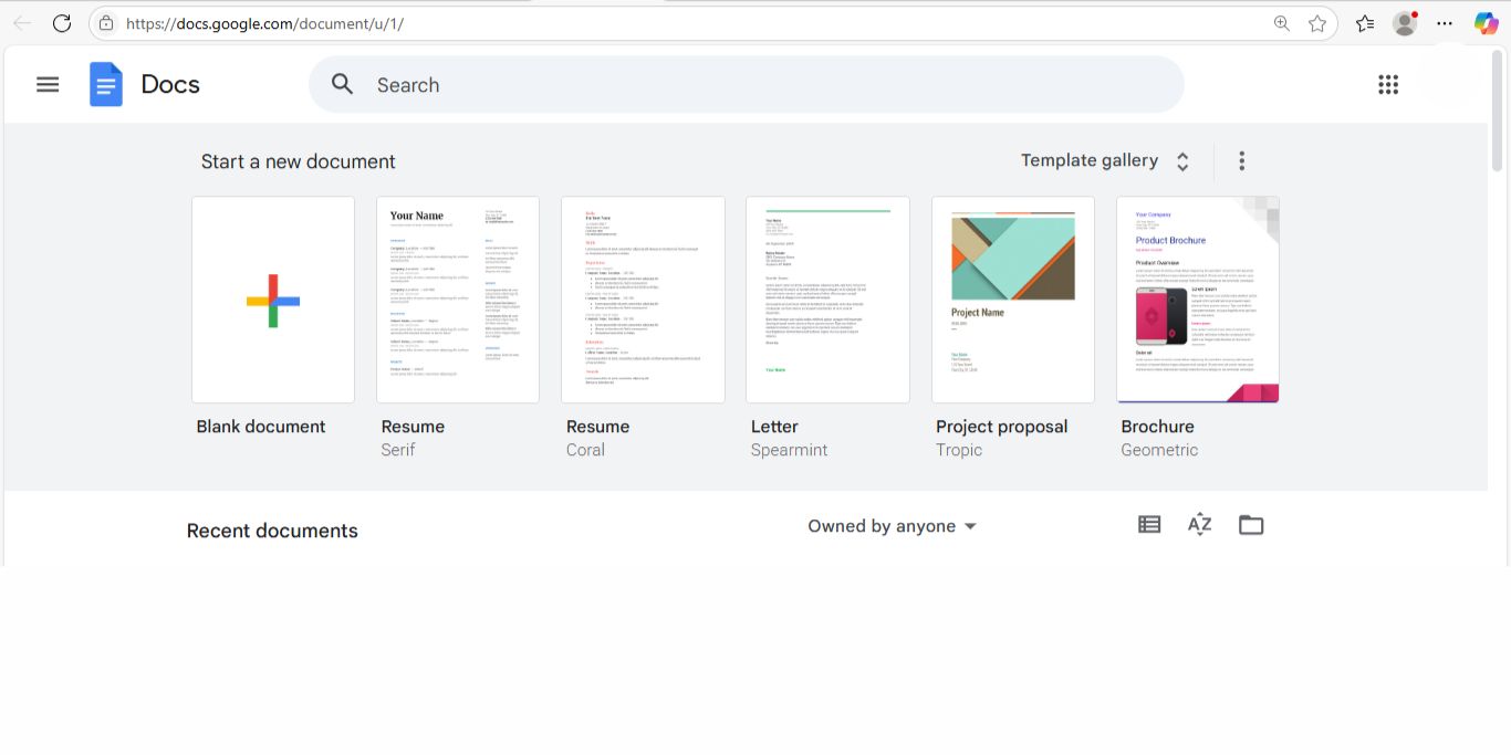 Google Docs homepage