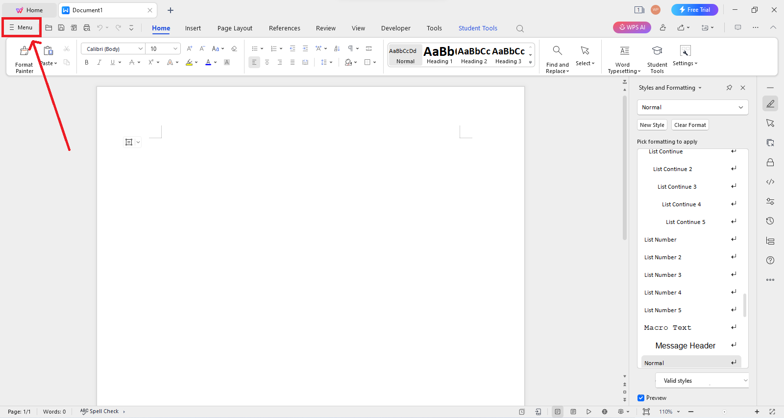 WPS Writer interfejs