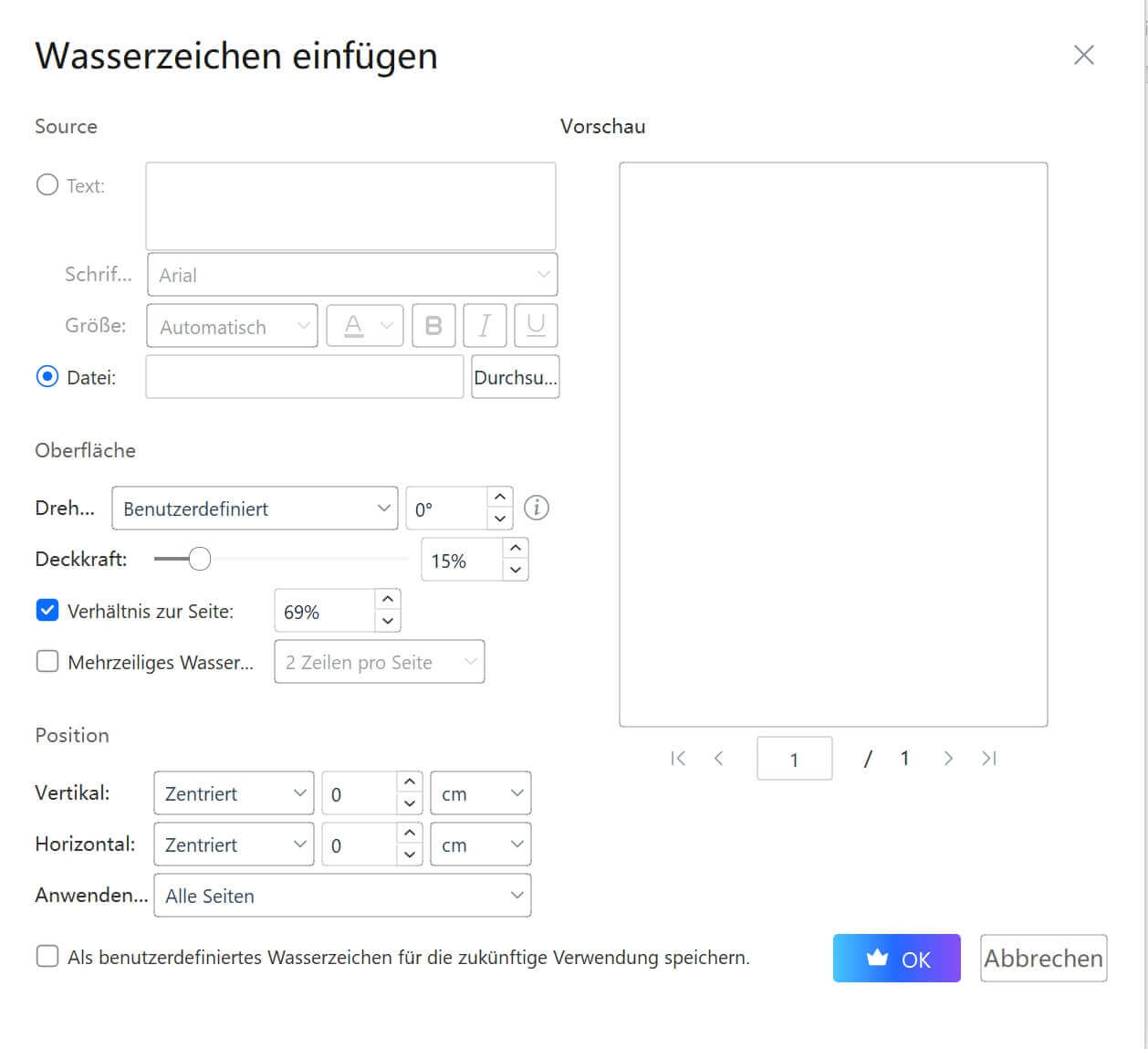 Benutzerdefinierte Wasserzeicheneinstellungen