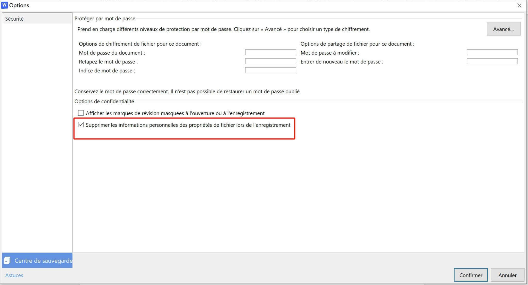 Options de confidentialité de WPS Office