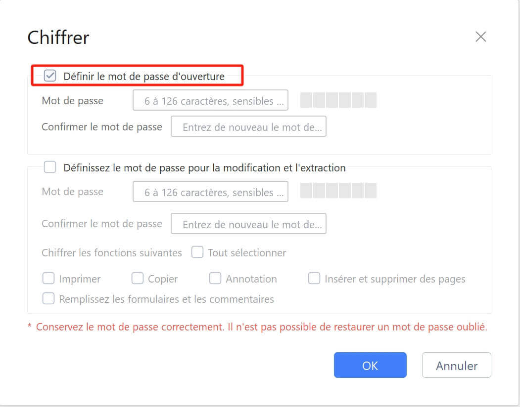 définir le mot de passe d'ouverture pour le PDF