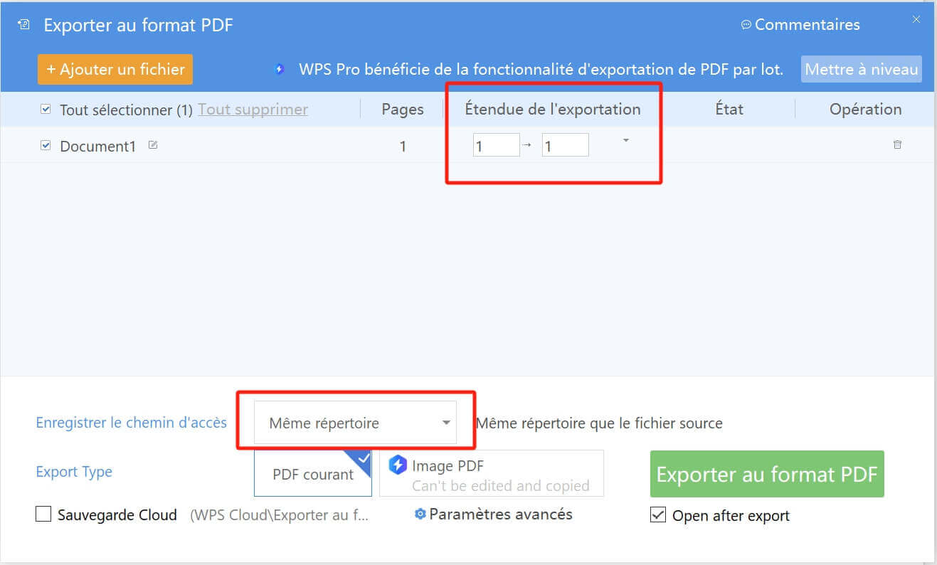 options d'exportation vers PDF