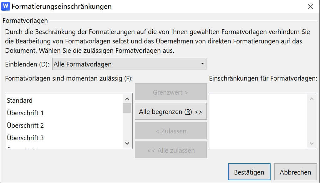 Formatierung auf eine Auswahl von Stilen beschränken