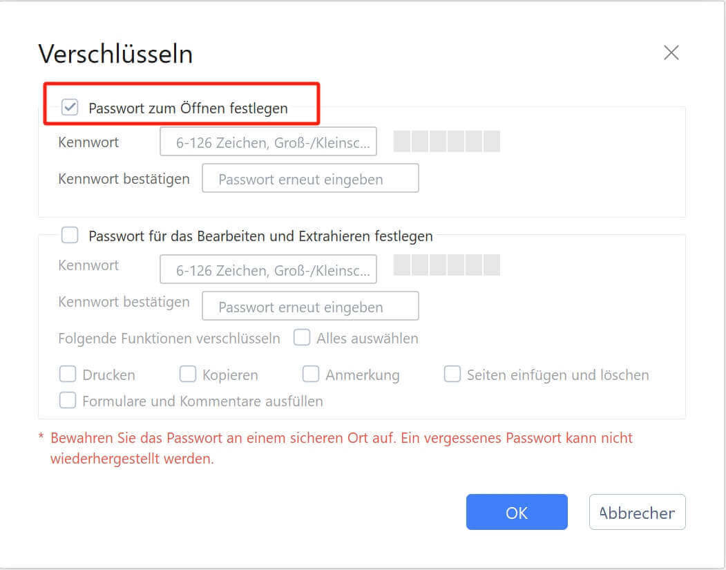 Festlegen des Öffnungskennworts für PDF
