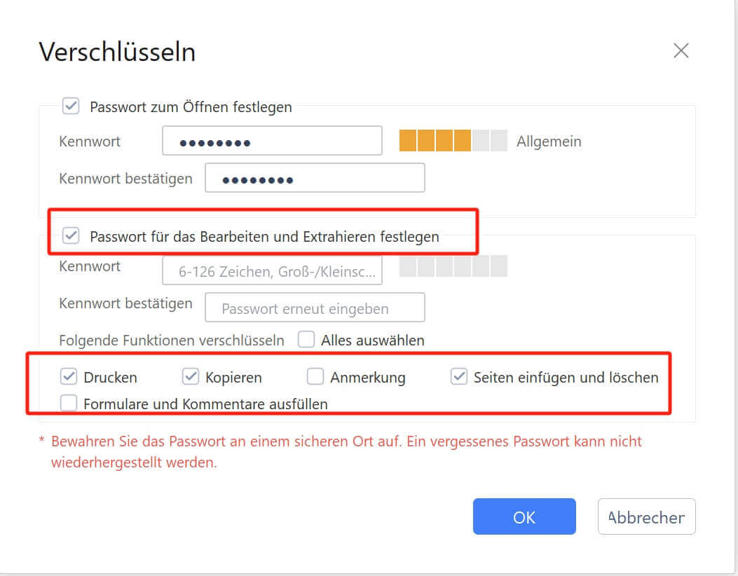 Legen Sie ein Passwort zum Bearbeiten und Extrahieren von PDF fest.