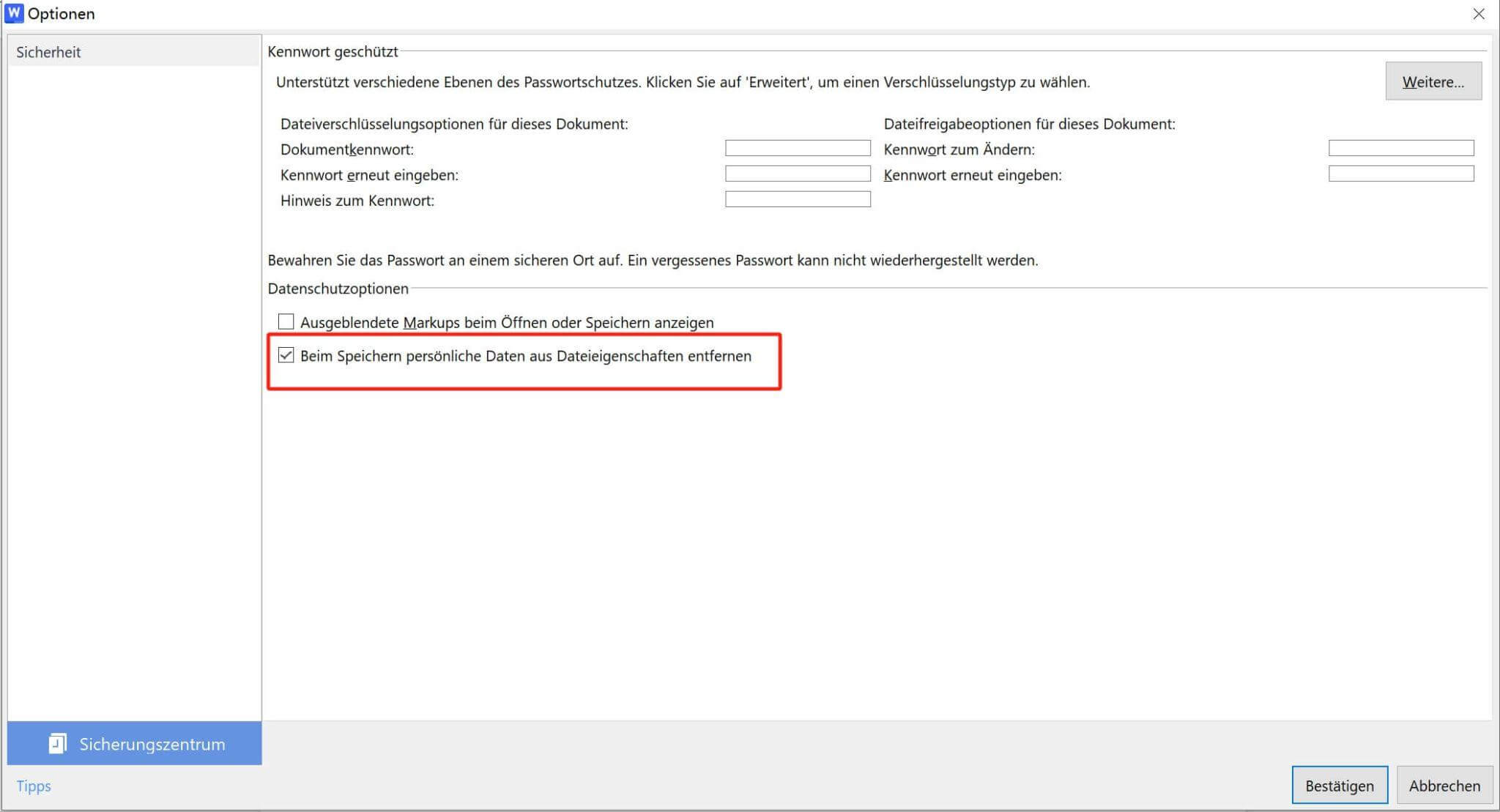 WPS Office-Datenschutzoptionen