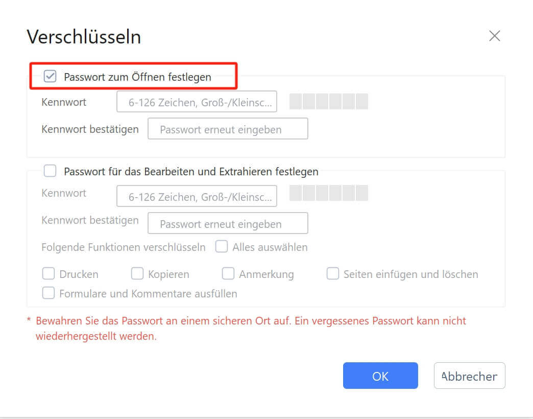  Festlegen des Öffnungskennworts für PDF