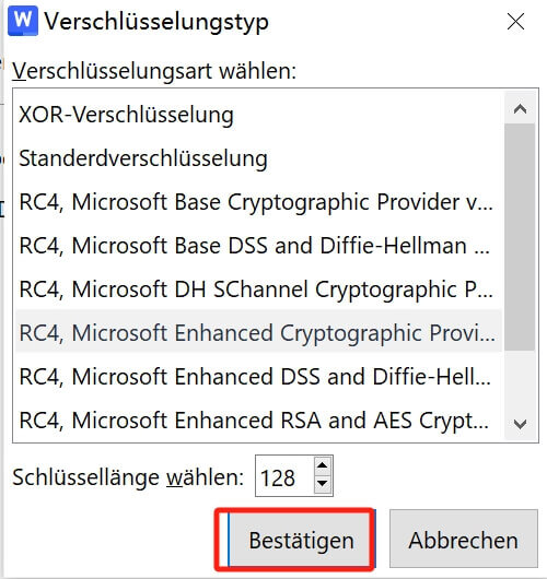 Wählen Sie den erweiterten Verschlüsselungstyp