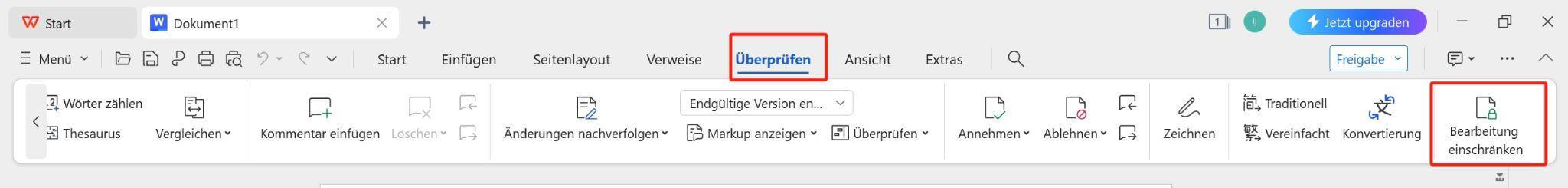 Bearbeitungsfunktion in WPS Office einschränken