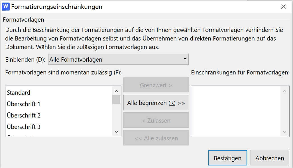  Formatierung auf eine Auswahl von Stilen beschränken