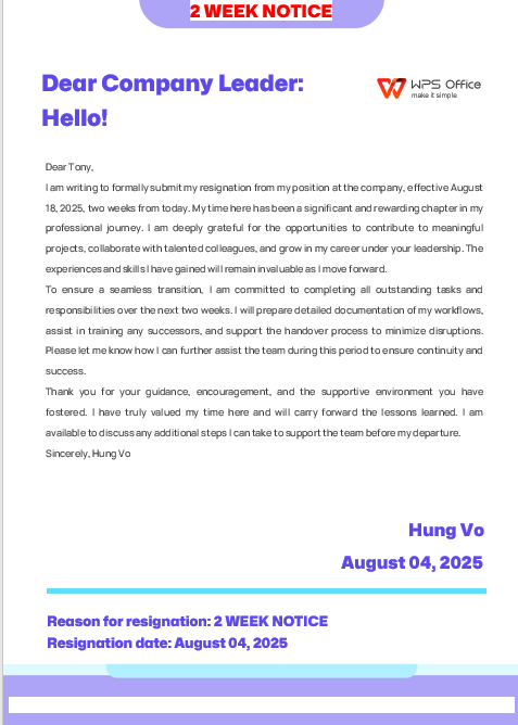 Business Resignation Letter