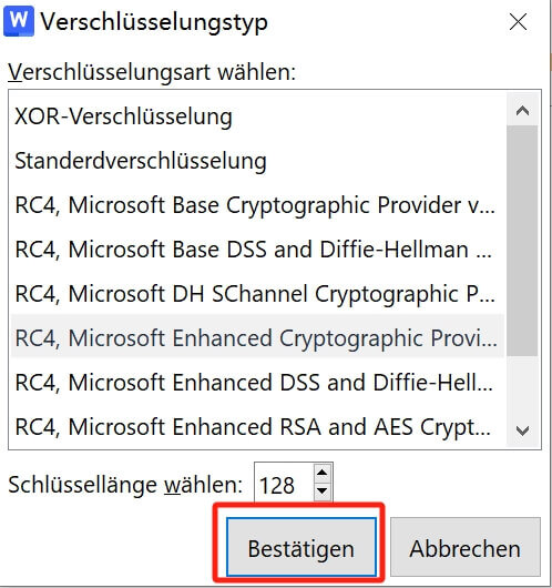 Wählen Sie den erweiterten Verschlüsselungstyp