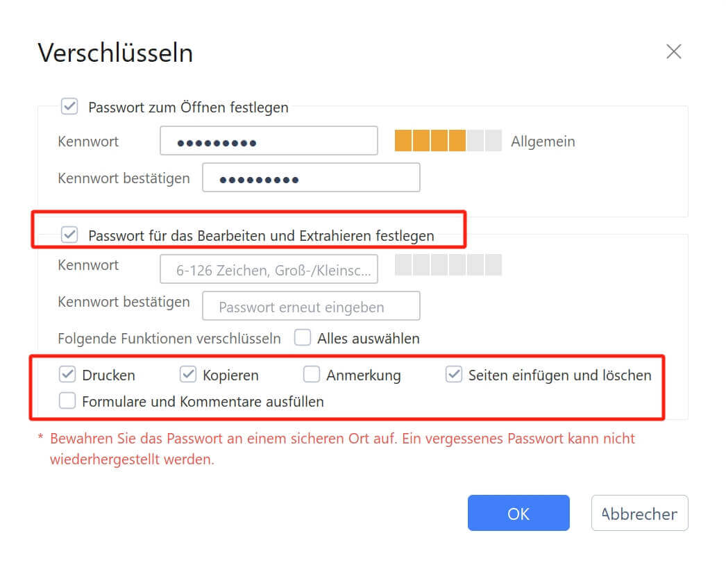  Legen Sie ein Passwort zum Bearbeiten und Extrahieren von PDF fest.