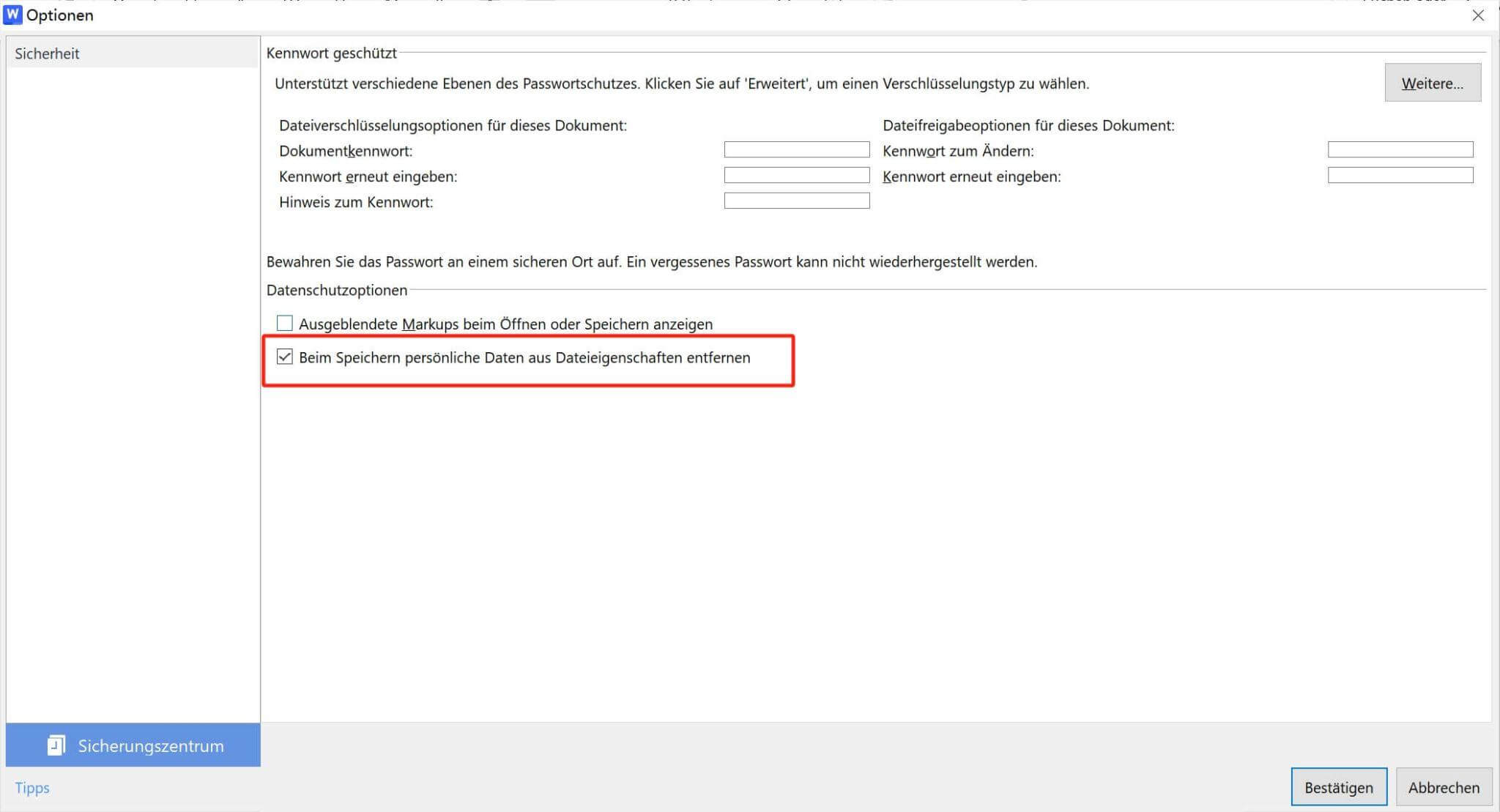  WPS Office-Datenschutzoptionen