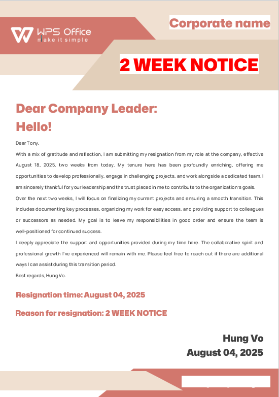 Simplified Business Resignation Letter